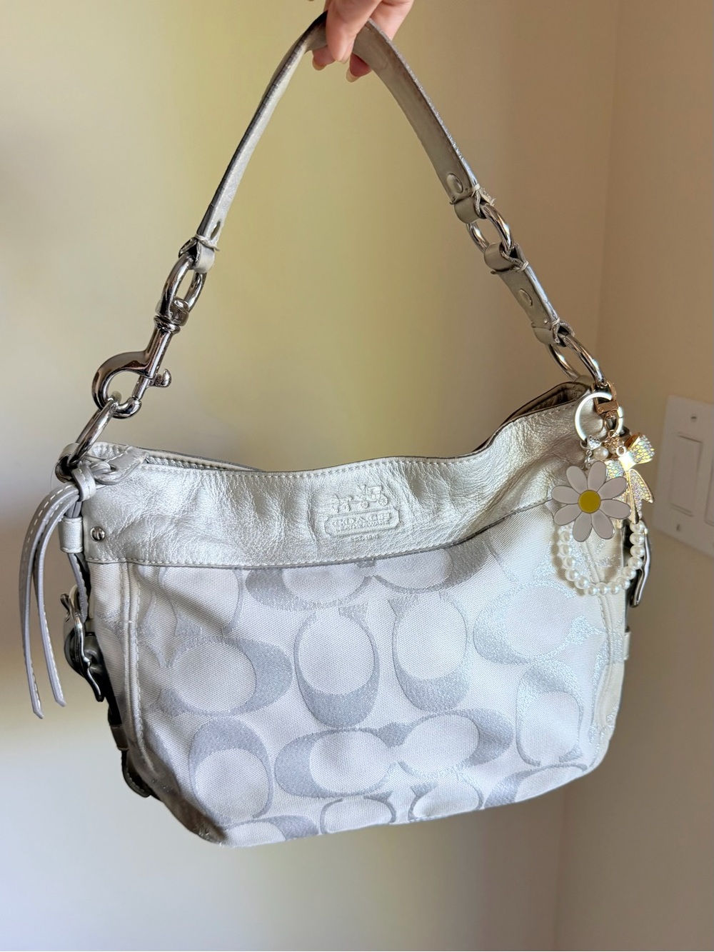 Coach Metallic Silver Signature Zoe Hobo shoulder bag